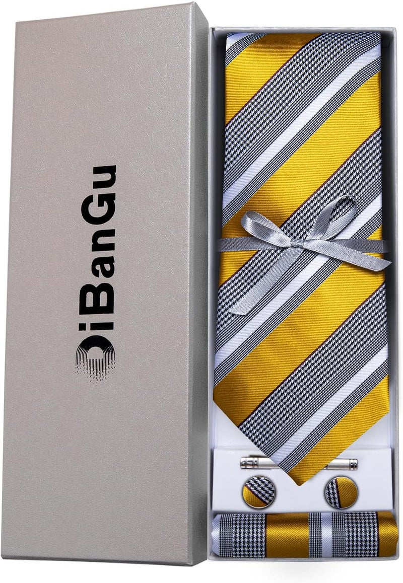 DiBanGu Mens Striped Tie Silk Woven Necktie and Pocket Square Cufflinks Tie Clip Set Wedding Business Formal Gift Tie for Men - Image 3